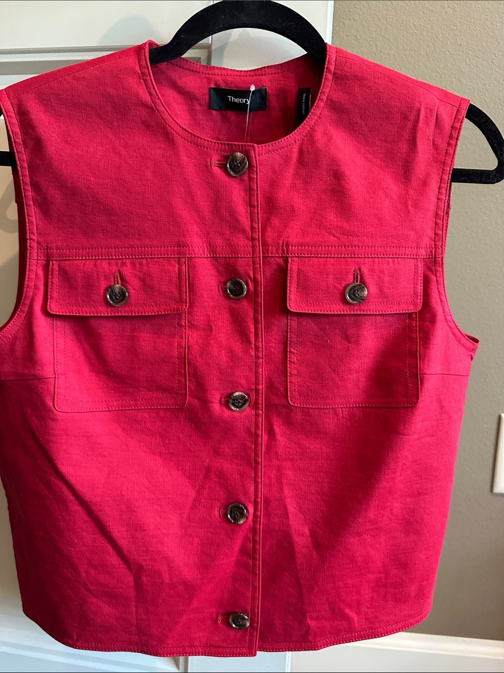 Theory Red Sleeveless Button Down Trucker  Vest - Picture 5 of 8